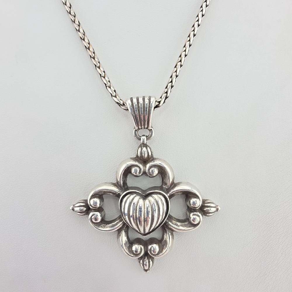 BRIGHTON Quatrefoil Cross Necklace Puffy Heart Reversible Silver Plate 18"